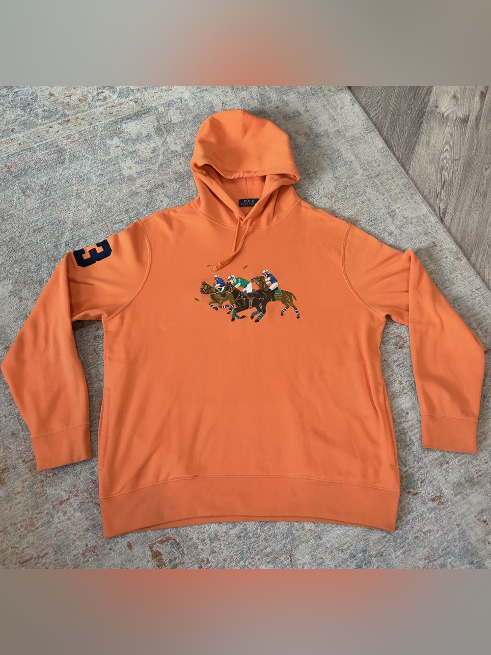 Polo Ralph Lauren Hoodie Sweatshirt Mens Large Orange Triple Pony Fleece Patch 3